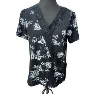 Fred David Faux Crossover Black Floral Print Women’s‎ Size Medium Blouse